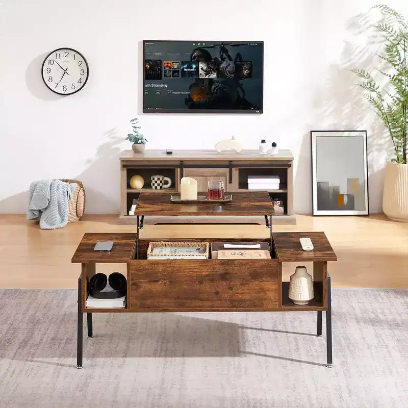 VECELO 42 Inch Lift Top Coffee Table with Metal Legs, Rising Center Table w/Hidden Compartment and 2 Storage Shelves