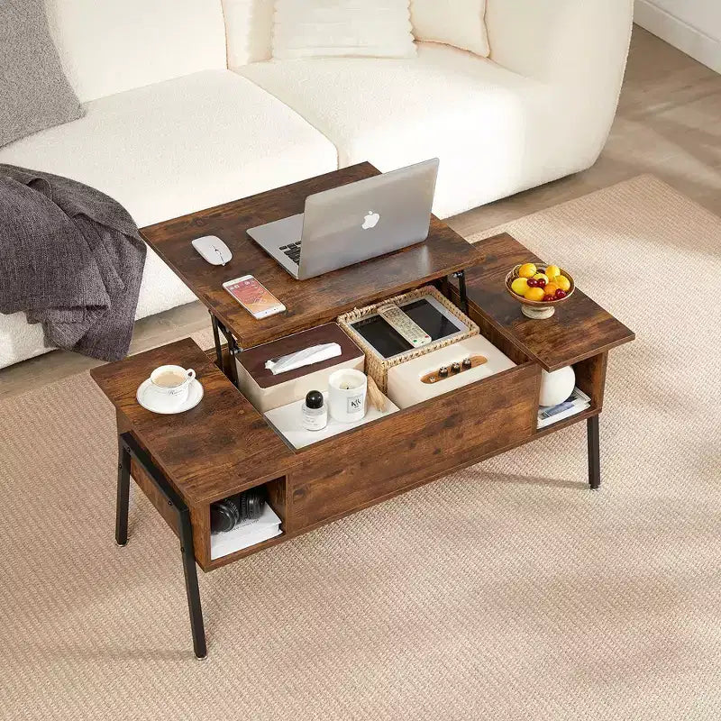 VECELO 42 Inch Lift Top Coffee Table with Metal Legs, Rising Center Table w/Hidden Compartment and 2 Storage Shelves