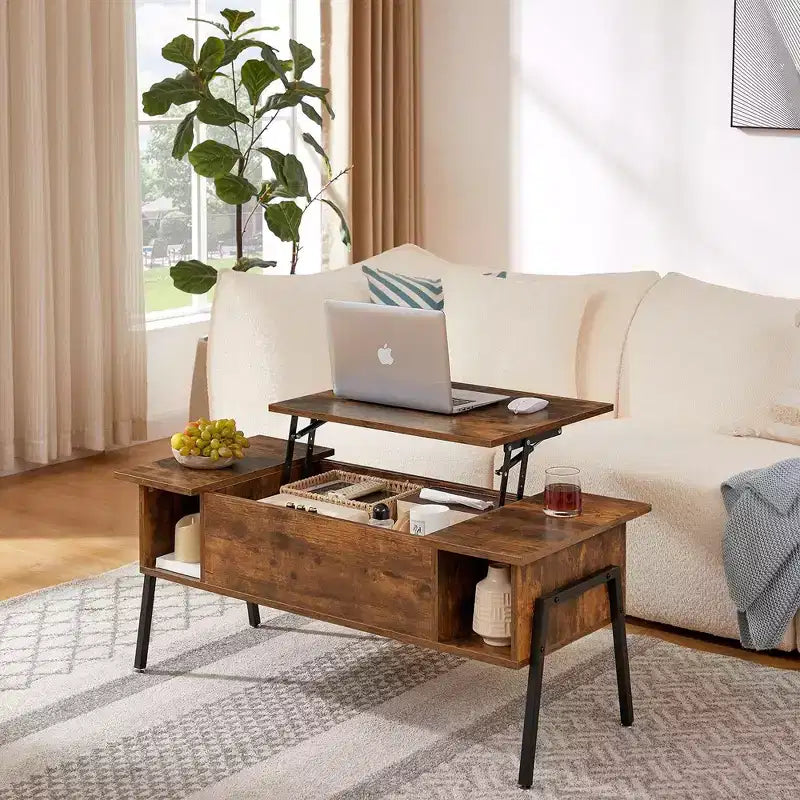 VECELO 42 Inch Lift Top Coffee Table with Metal Legs, Rising Center Table w/Hidden Compartment and 2 Storage Shelves