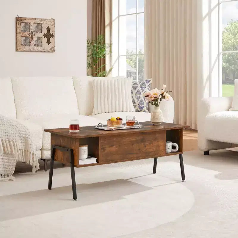 VECELO 42 Inch Lift Top Coffee Table with Metal Legs, Rising Center Table w/Hidden Compartment and 2 Storage Shelves