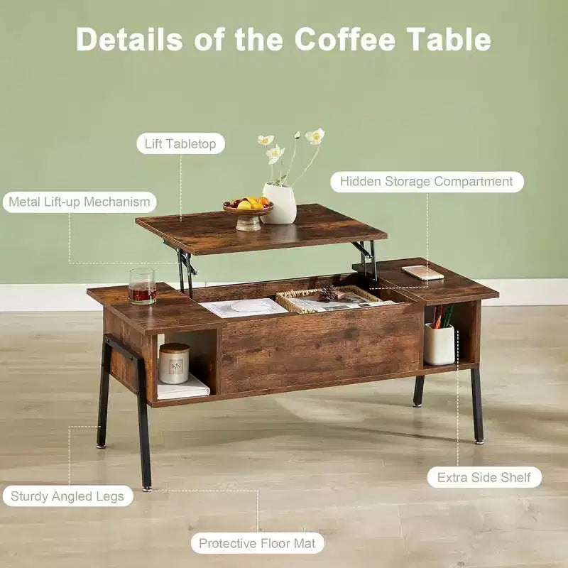 VECELO 42 Inch Lift Top Coffee Table with Metal Legs, Rising Center Table w/Hidden Compartment and 2 Storage Shelves