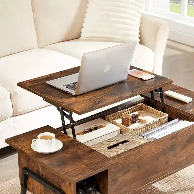 VECELO 42 Inch Lift Top Coffee Table with Metal Legs, Rising Center Table w/Hidden Compartment and 2 Storage Shelves