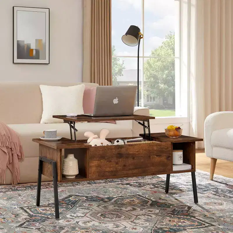 VECELO 42 Inch Lift Top Coffee Table with Metal Legs, Rising Center Table w/Hidden Compartment and 2 Storage Shelves