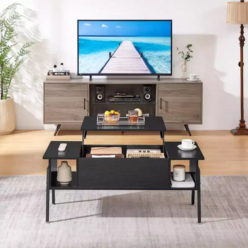 VECELO 42 Inch Lift Top Coffee Table with Metal Legs, Rising Center Table w/Hidden Compartment and 2 Storage Shelves