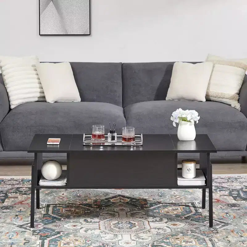 VECELO 42 Inch Lift Top Coffee Table with Metal Legs, Rising Center Table w/Hidden Compartment and 2 Storage Shelves