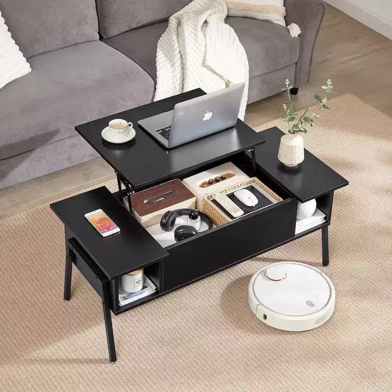 VECELO 42 Inch Lift Top Coffee Table with Metal Legs, Rising Center Table w/Hidden Compartment and 2 Storage Shelves