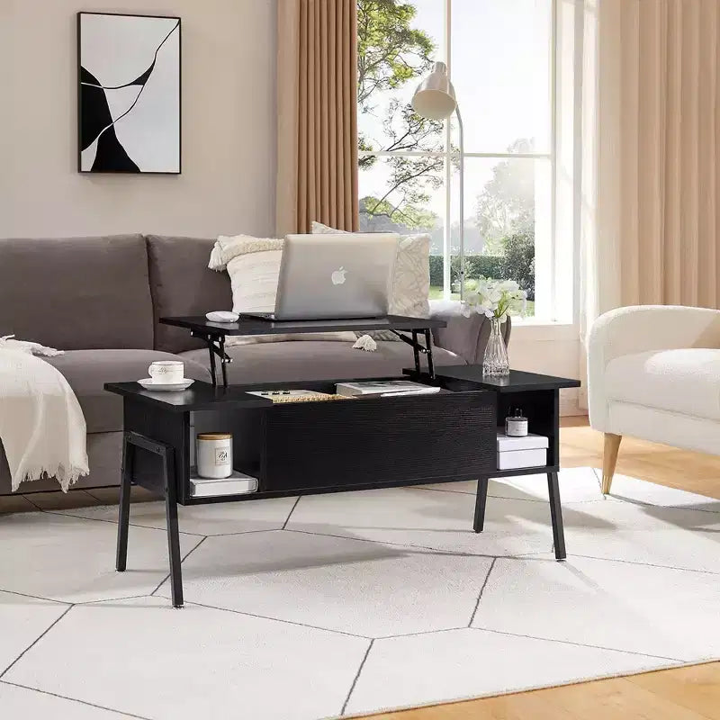 VECELO 42 Inch Lift Top Coffee Table with Metal Legs, Rising Center Table w/Hidden Compartment and 2 Storage Shelves