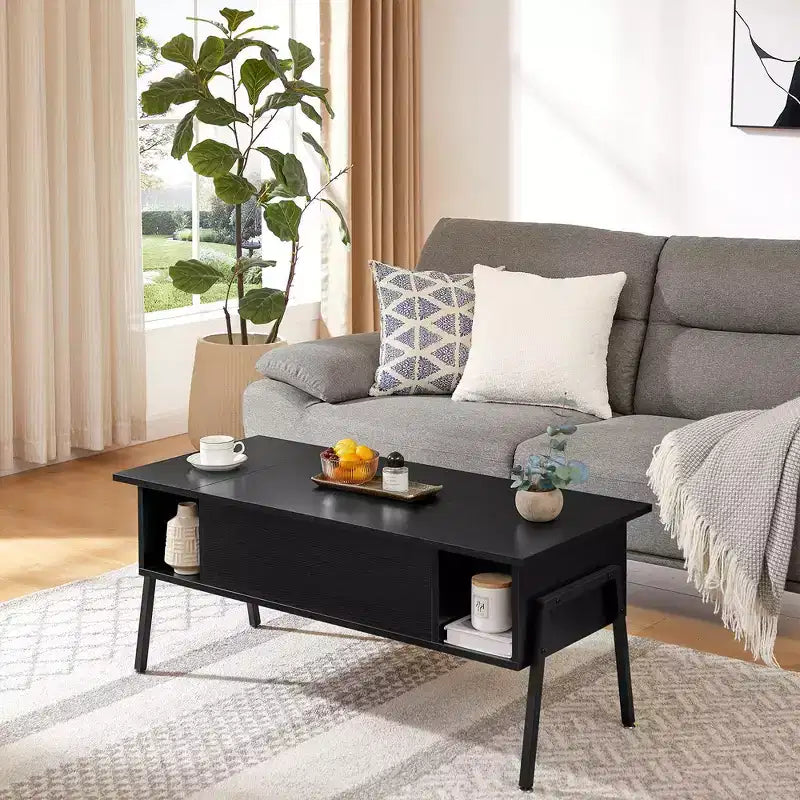 VECELO 42 Inch Lift Top Coffee Table with Metal Legs, Rising Center Table w/Hidden Compartment and 2 Storage Shelves