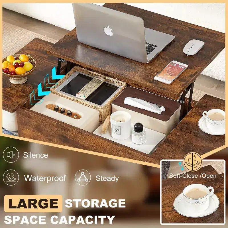 VECELO 42 Inch Lift Top Coffee Table with Metal Legs, Rising Center Table w/Hidden Compartment and 2 Storage Shelves