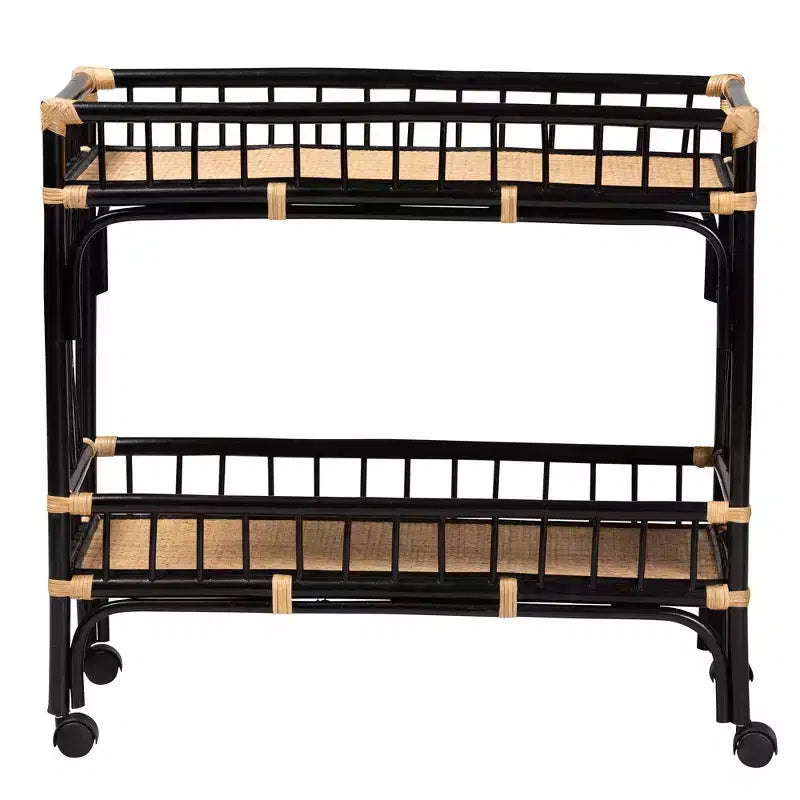 bali & pari Dalinda Modern Bohemian Two-Tone Black and Natural Brown Rattan 2-Tier Kitchen Cart