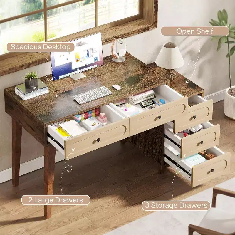 Lantine 51-Inch Computer Desk with 5 Drawers