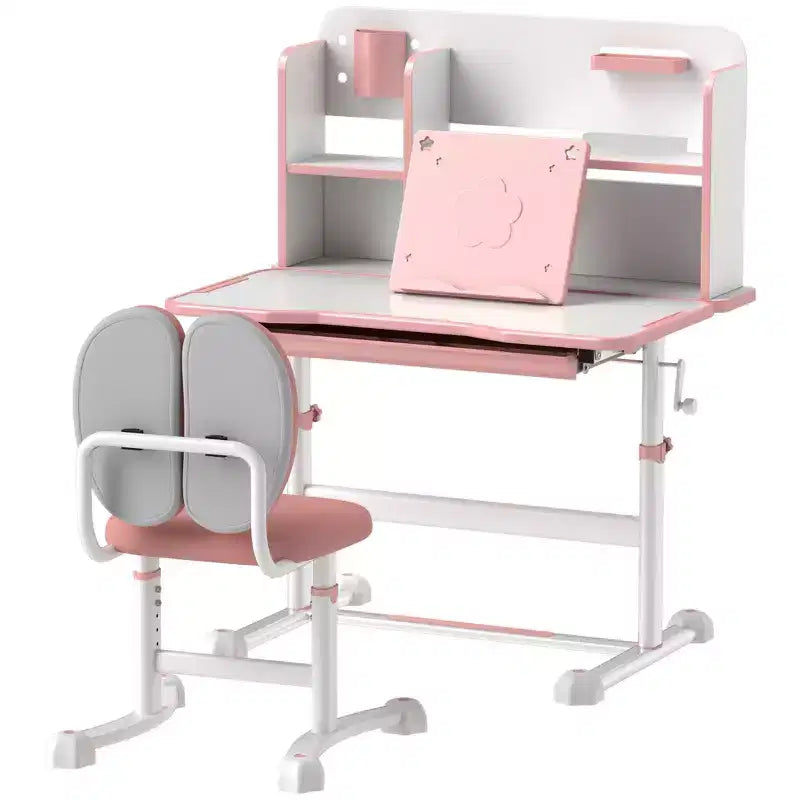 Qaba Kids Desk and Chair Set, Height Adjustable Kids School Study Desk and Chair Set with Tilt Desktop, Storage Drawer and Reading Rack