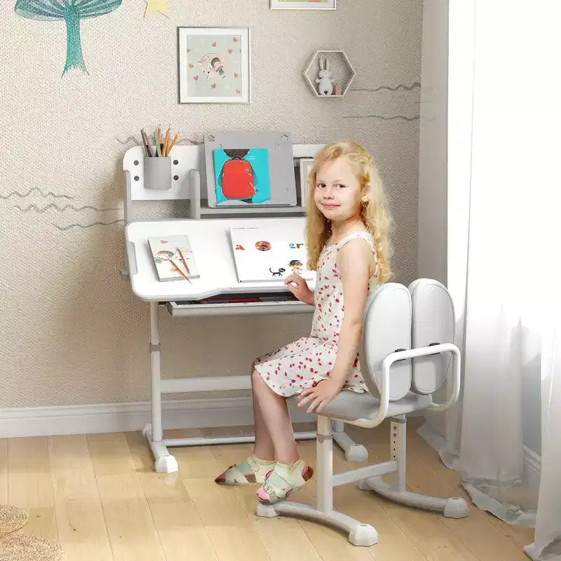Qaba Kids Desk and Chair Set, Height Adjustable Kids School Study Desk and Chair Set with Tilt Desktop, Storage Drawer and Reading Rack