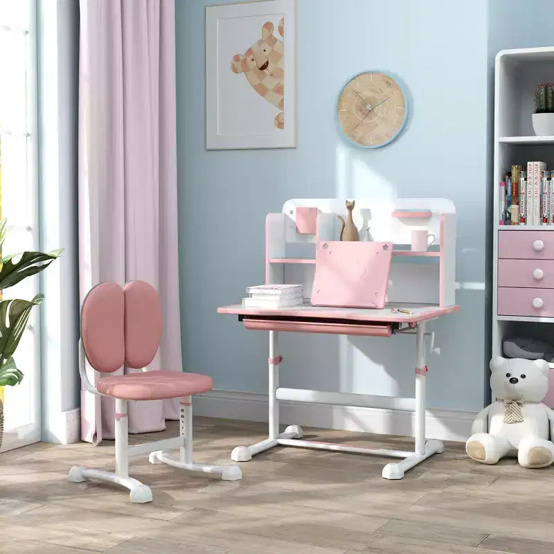 Qaba Kids Desk and Chair Set, Height Adjustable Kids School Study Desk and Chair Set with Tilt Desktop, Storage Drawer and Reading Rack