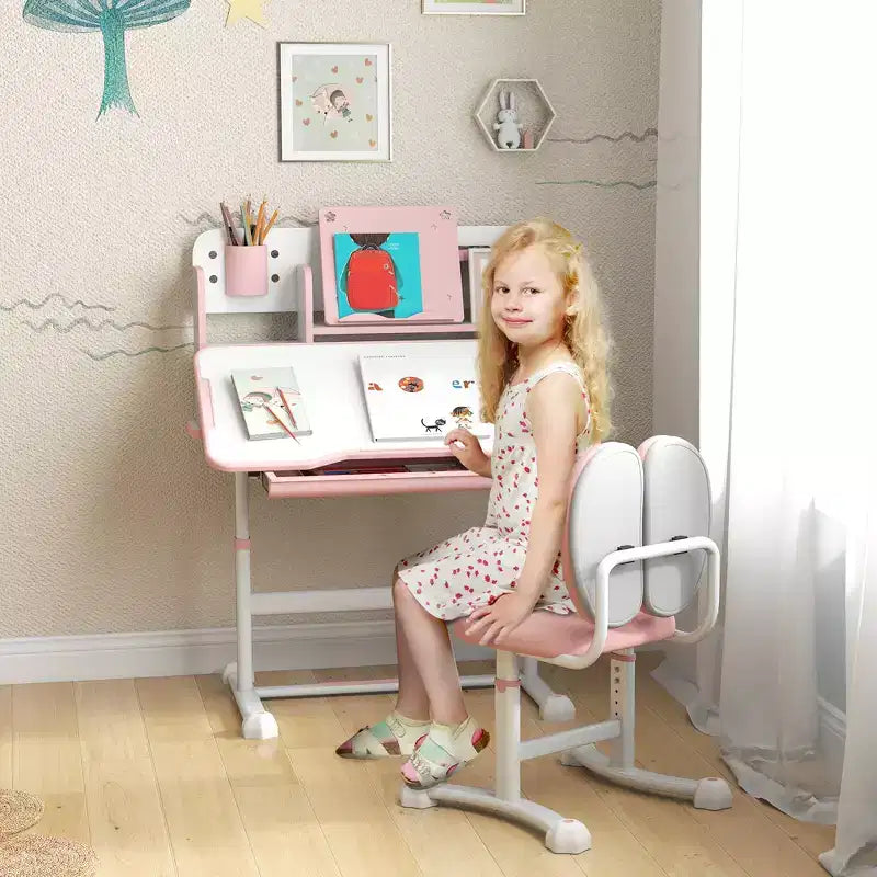 Qaba Kids Desk and Chair Set, Height Adjustable Kids School Study Desk and Chair Set with Tilt Desktop, Storage Drawer and Reading Rack