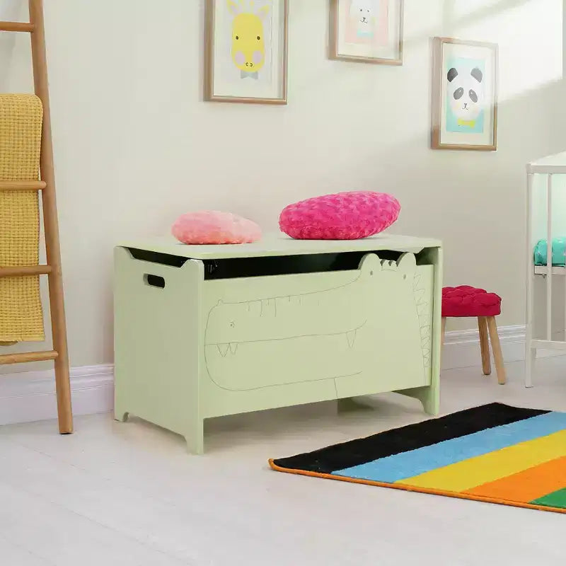 Costway Coffre à Jouets pour Enfants avec Charnière de Sécurité, Meuble de Rangement en Bois à Rabat, Organisateur de Rangement Blanc/Vert