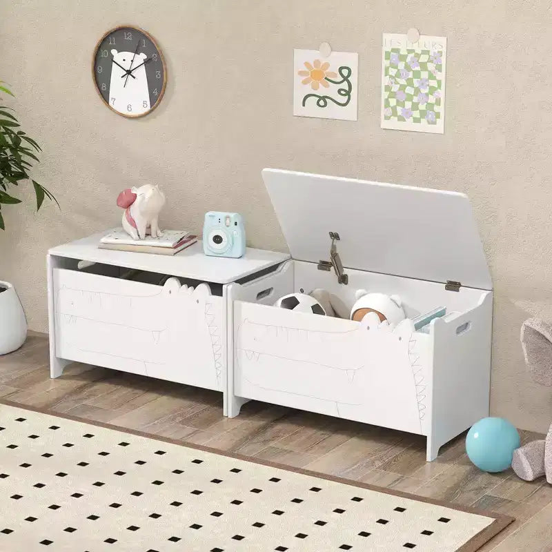 Costway Coffre à Jouets pour Enfants avec Charnière de Sécurité, Meuble de Rangement en Bois à Rabat, Organisateur de Rangement Blanc/Vert