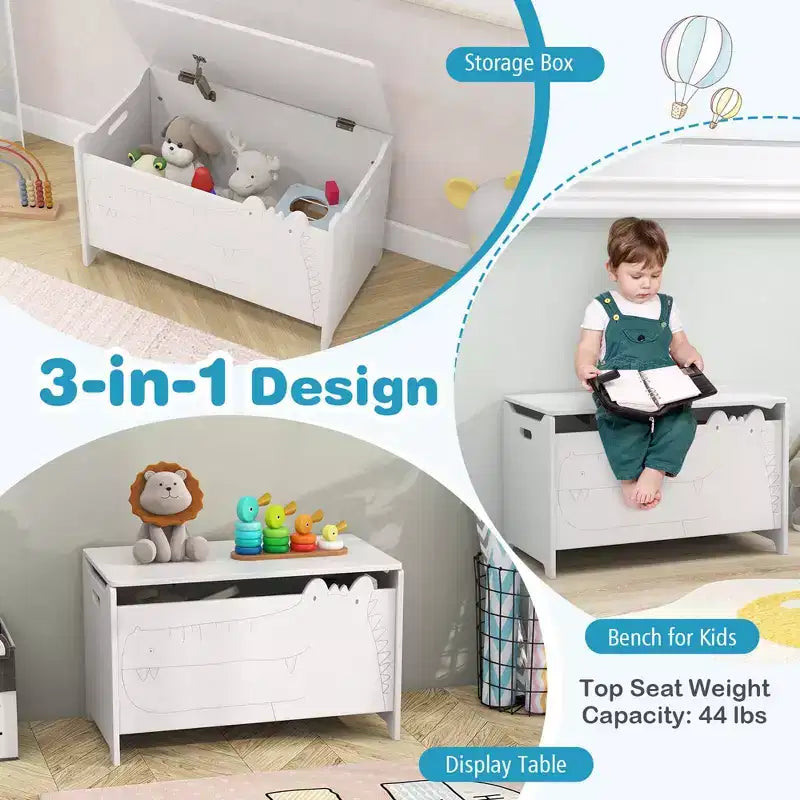 Costway Coffre à Jouets pour Enfants avec Charnière de Sécurité, Meuble de Rangement en Bois à Rabat, Organisateur de Rangement Blanc/Vert