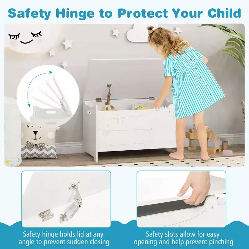 Costway Coffre à Jouets pour Enfants avec Charnière de Sécurité, Meuble de Rangement en Bois à Rabat, Organisateur de Rangement Blanc/Vert