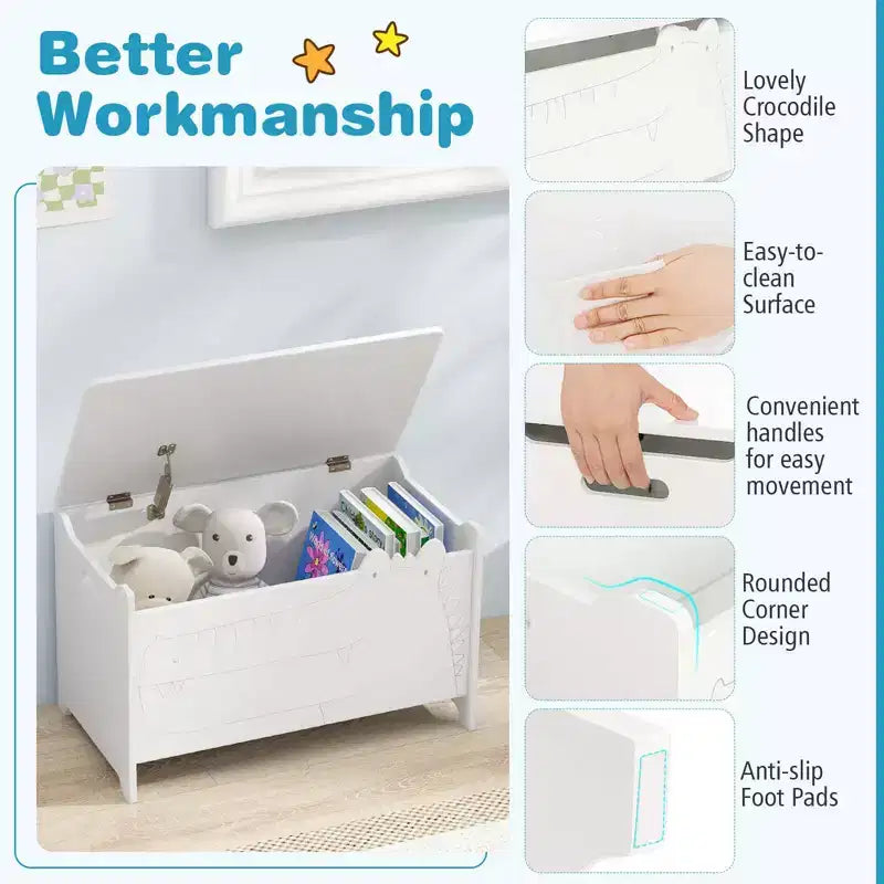 Costway Coffre à Jouets pour Enfants avec Charnière de Sécurité, Meuble de Rangement en Bois à Rabat, Organisateur de Rangement Blanc/Vert