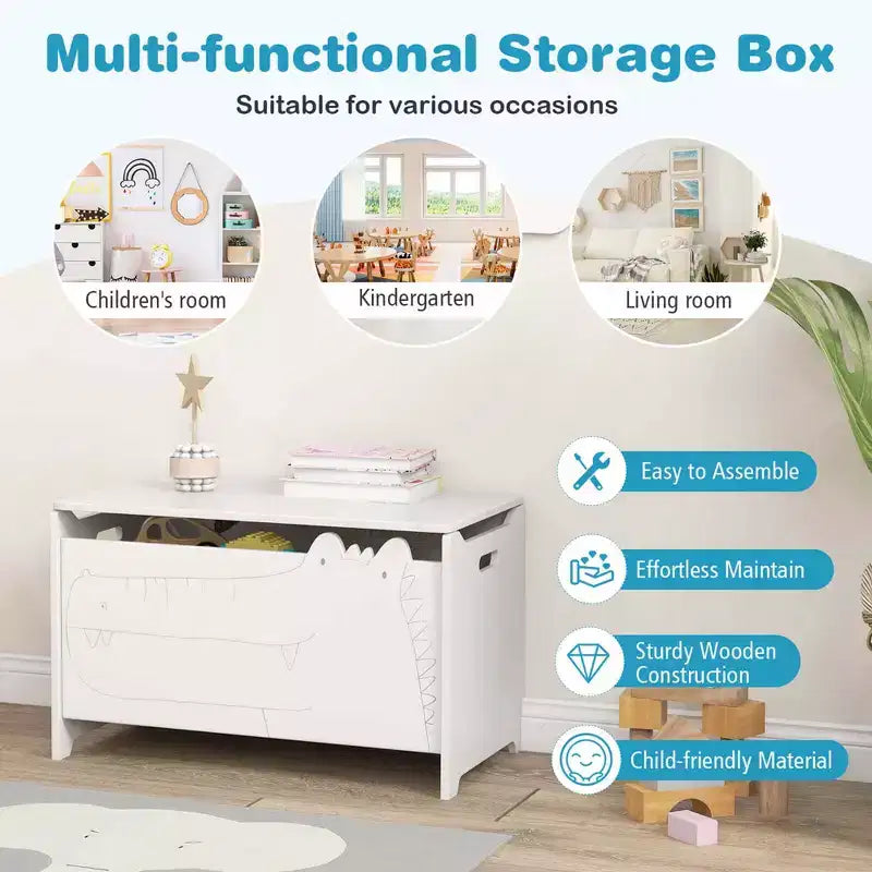 Costway Coffre à Jouets pour Enfants avec Charnière de Sécurité, Meuble de Rangement en Bois à Rabat, Organisateur de Rangement Blanc/Vert