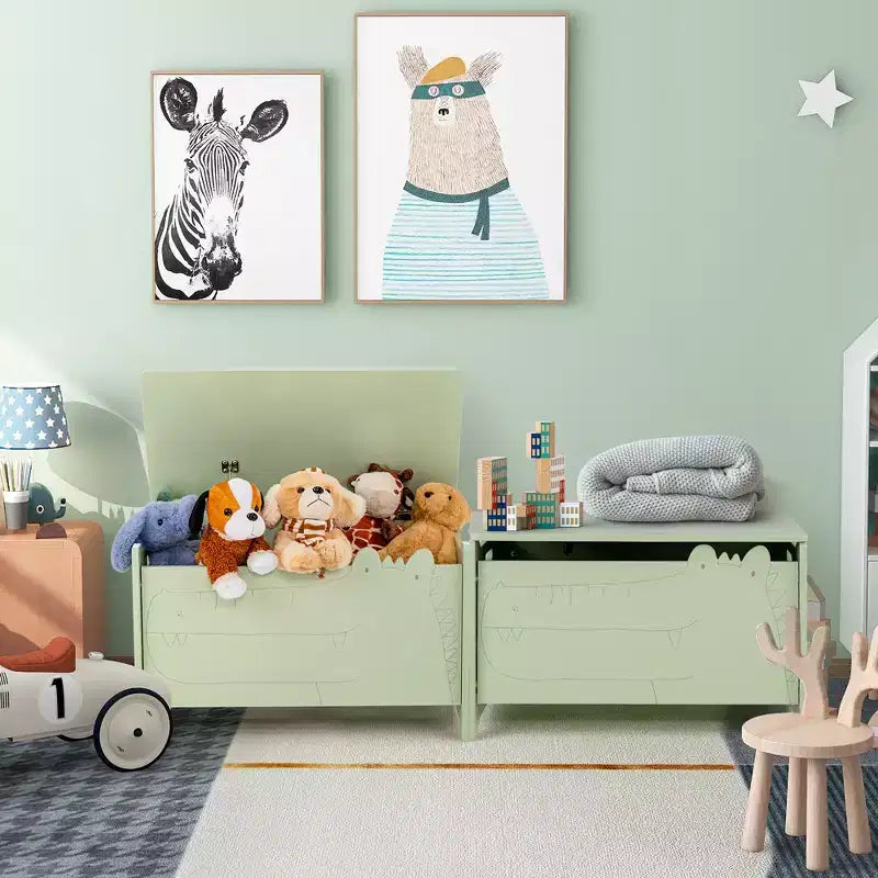 Costway Coffre à Jouets pour Enfants avec Charnière de Sécurité, Meuble de Rangement en Bois à Rabat, Organisateur de Rangement Blanc/Vert