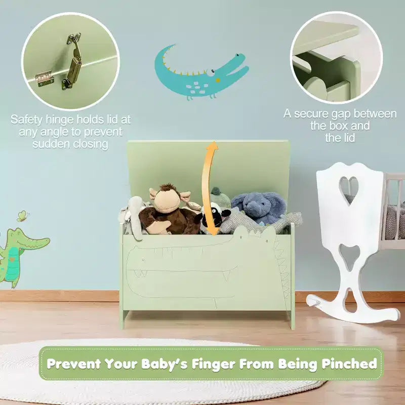 Costway Coffre à Jouets pour Enfants avec Charnière de Sécurité, Meuble de Rangement en Bois à Rabat, Organisateur de Rangement Blanc/Vert
