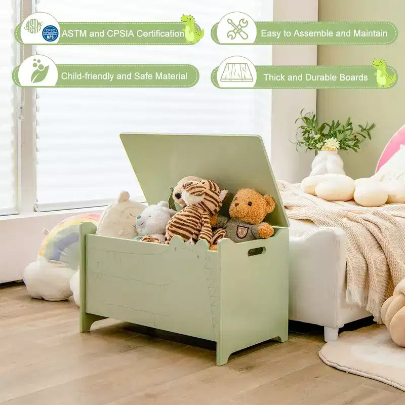Costway Coffre à Jouets pour Enfants avec Charnière de Sécurité, Meuble de Rangement en Bois à Rabat, Organisateur de Rangement Blanc/Vert