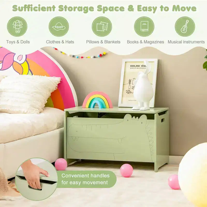 Costway Coffre à Jouets pour Enfants avec Charnière de Sécurité, Meuble de Rangement en Bois à Rabat, Organisateur de Rangement Blanc/Vert