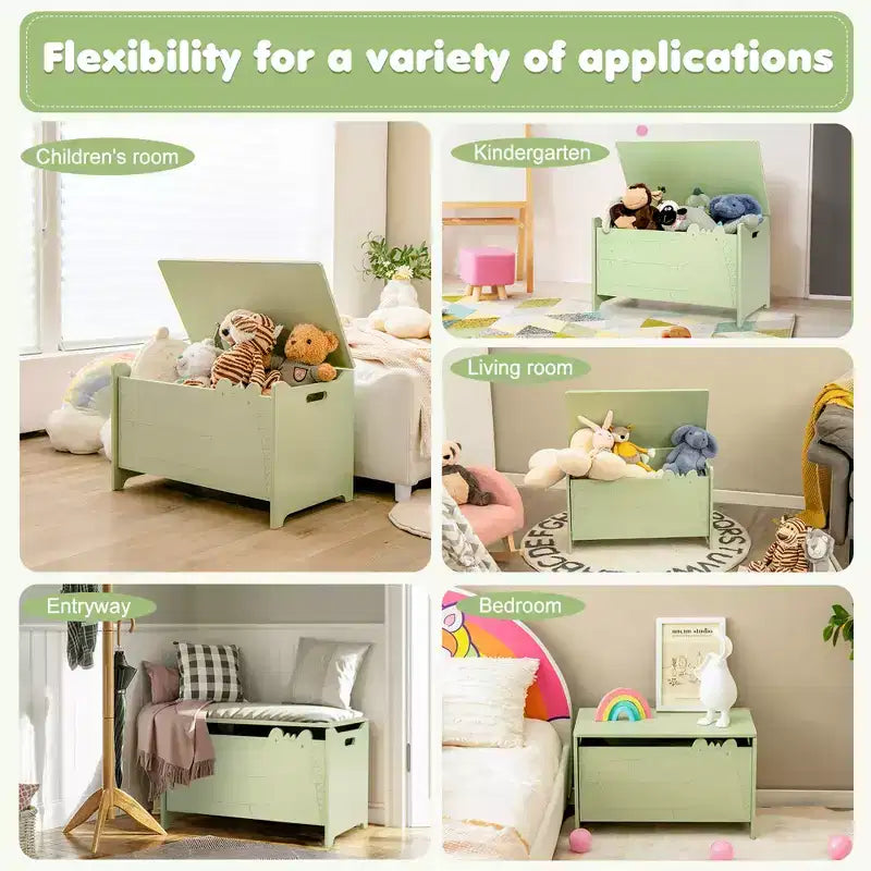 Costway Coffre à Jouets pour Enfants avec Charnière de Sécurité, Meuble de Rangement en Bois à Rabat, Organisateur de Rangement Blanc/Vert