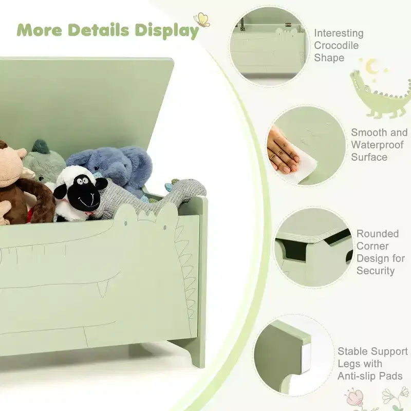 Costway Coffre à Jouets pour Enfants avec Charnière de Sécurité, Meuble de Rangement en Bois à Rabat, Organisateur de Rangement Blanc/Vert