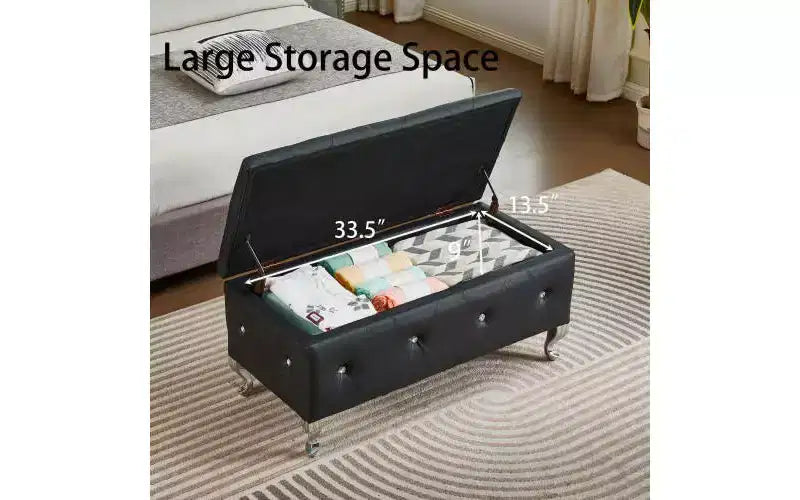 Tufted Storage Ottoman Bench For Bedroom End Of Bed Large Upholstered Storage Benches Footrest With Crystal Buttons For Living Room Entryway
