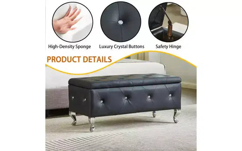 Tufted Storage Ottoman Bench For Bedroom End Of Bed Large Upholstered Storage Benches Footrest With Crystal Buttons For Living Room Entryway