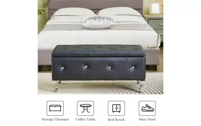 Tufted Storage Ottoman Bench For Bedroom End Of Bed Large Upholstered Storage Benches Footrest With Crystal Buttons For Living Room Entryway
