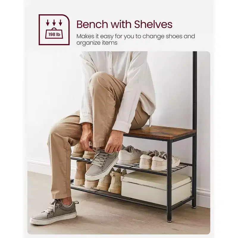 Appendiabiti, albero da ingresso con panca portascarpe, panca da ingresso con portascarpe, struttura in acciaio, marrone rustico e nero