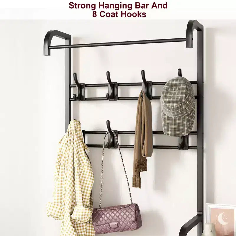Hall Tree Shoe Bench, 8 Sturdy Hooks, 5-in-1 Industrial Entryway Bench with Storage Drawer, Coat Rack for Apartment, Bedroom, Rustic Brown