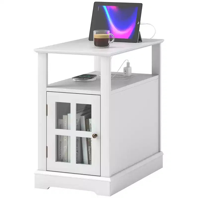 Table d'appoint HOMCOM avec station de charge, Table d'appoint étroite avec ports USB et prises, Rangement dissimulé et étagère ouverte pour salon