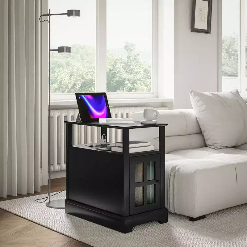 Table d'appoint HOMCOM avec station de charge, Table d'appoint étroite avec ports USB et prises, Rangement dissimulé et étagère ouverte pour salon