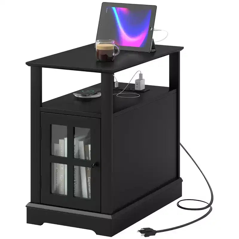 Table d'appoint HOMCOM avec station de charge, Table d'appoint étroite avec ports USB et prises, Rangement dissimulé et étagère ouverte pour salon