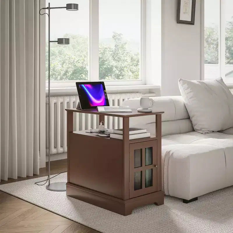 Table d'appoint HOMCOM avec station de charge, Table d'appoint étroite avec ports USB et prises, Rangement dissimulé et étagère ouverte pour salon