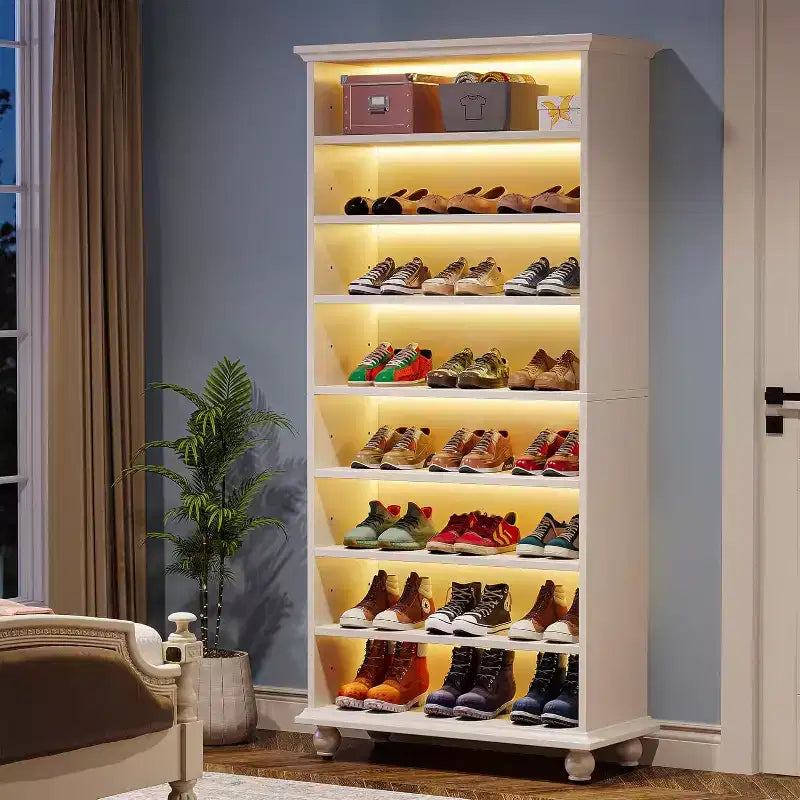 Lantine 9-Tier 30 Pairs Shoes Storage Cabinet with LED and Solid Wood Legs
