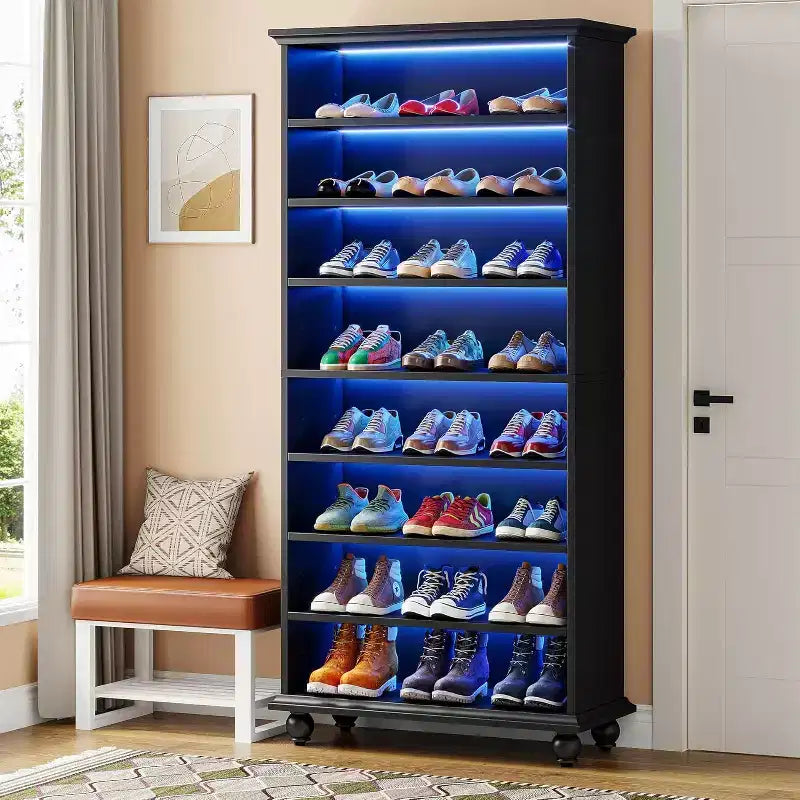 Lantine 9-Tier 30 Pairs Shoes Storage Cabinet with LED and Solid Wood Legs
