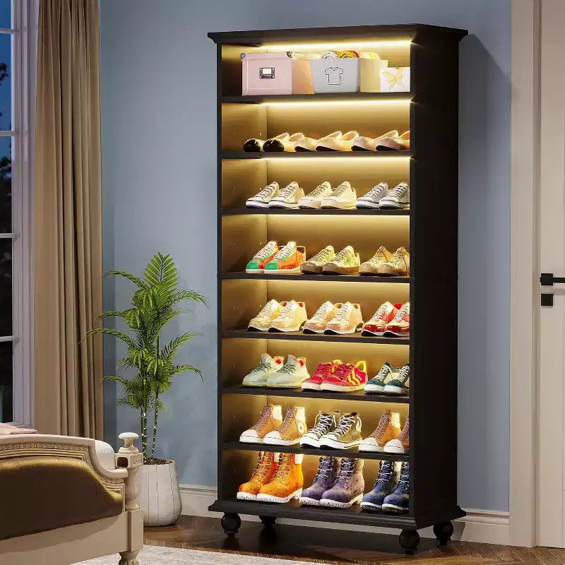 Lantine 9-Tier 30 Pairs Shoes Storage Cabinet with LED and Solid Wood Legs