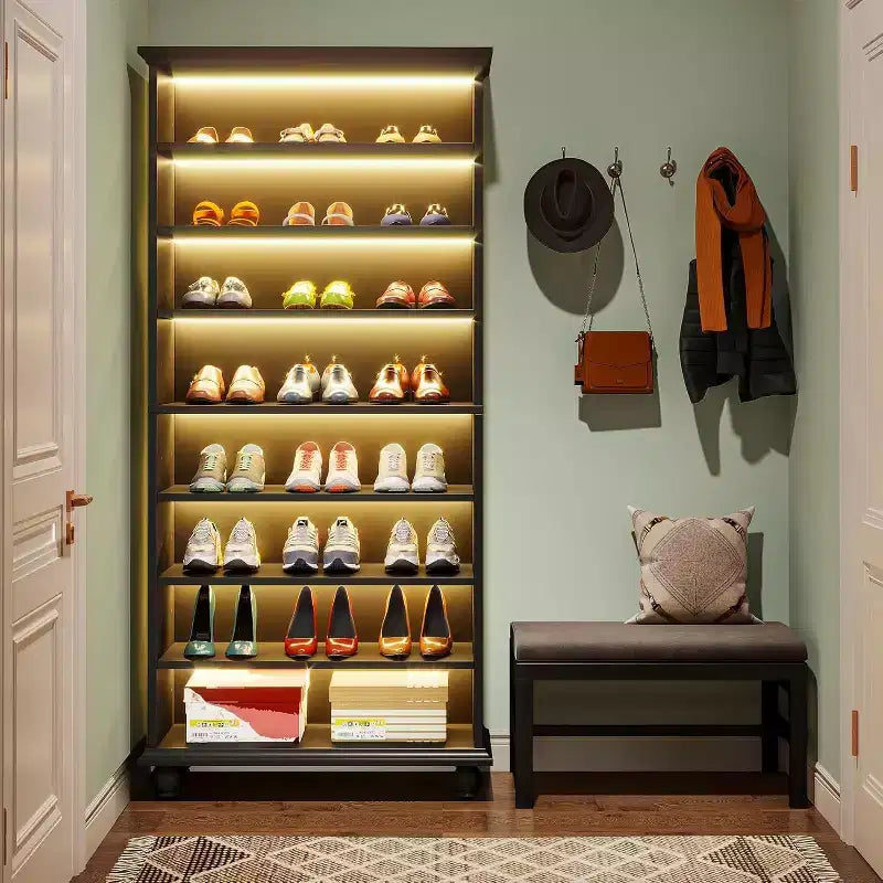Lantine 9-Tier 30 Pairs Shoes Storage Cabinet with LED and Solid Wood Legs