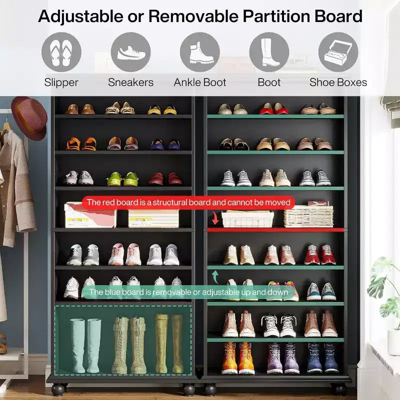Lantine 9-Tier 30 Pairs Shoes Storage Cabinet with LED and Solid Wood Legs