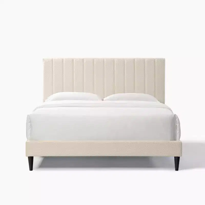 Queen Size Velvet Upholstered Bed Frame, Vertical Channel Tufted Wingback Headboard, Wooden Slats Support Platform, No Box Spring needed White