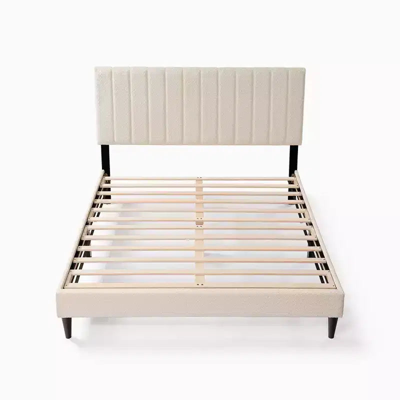 Queen Size Velvet Upholstered Bed Frame, Vertical Channel Tufted Wingback Headboard, Wooden Slats Support Platform, No Box Spring needed White