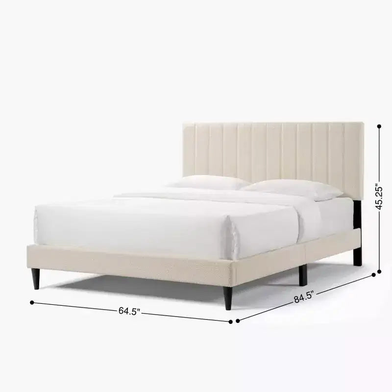 Queen Size Velvet Upholstered Bed Frame, Vertical Channel Tufted Wingback Headboard, Wooden Slats Support Platform, No Box Spring needed White