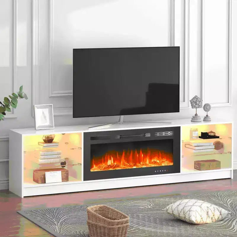 Meuble TV de cheminée Erommy avec cheminée électrique de 40 pouces, centre de divertissement avec étagères en verre réglables, console TV pour téléviseurs jusqu'à 79 pouces