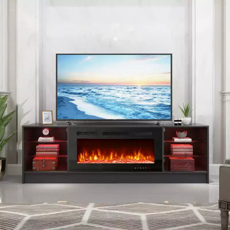 Meuble TV de cheminée Erommy avec cheminée électrique de 40 pouces, centre de divertissement avec étagères en verre réglables, console TV pour téléviseurs jusqu'à 79 pouces